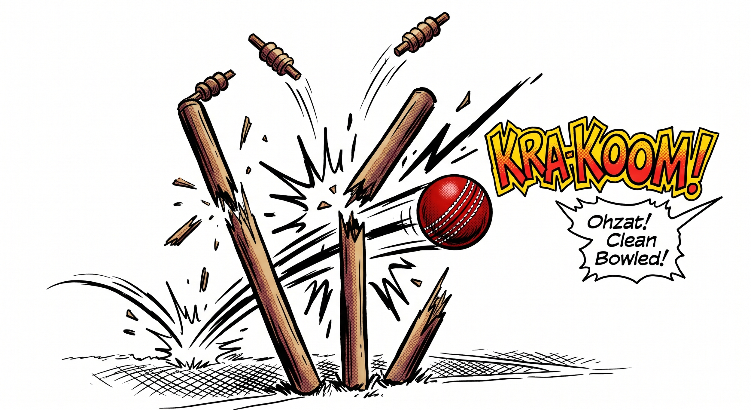 A cricket ball hitting and breaking a wooden wicket, causing it to fall, with the onomatopoeic word "KRAKOOM!" in comic style and a speech bubble saying "Ohzat! Clean Bowled!"