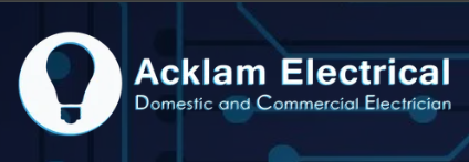 Logo for Acklam Electrical, a company providing domestic and commercial electrical services, featuring a light bulb icon.