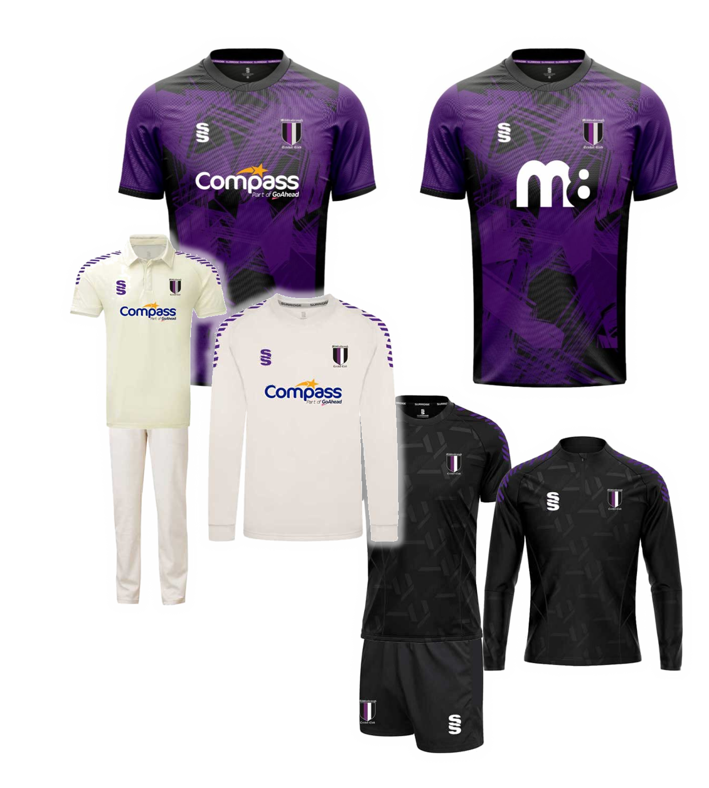Collection of athletic clothing including purple, white, and black jerseys, a whites and a black tracksuit, and a set of shorts, all featuring the same team logo and branding.