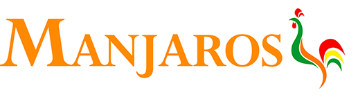 Manjaros logo with text 'MANJAROS' in orange and a colorful stylized rooster