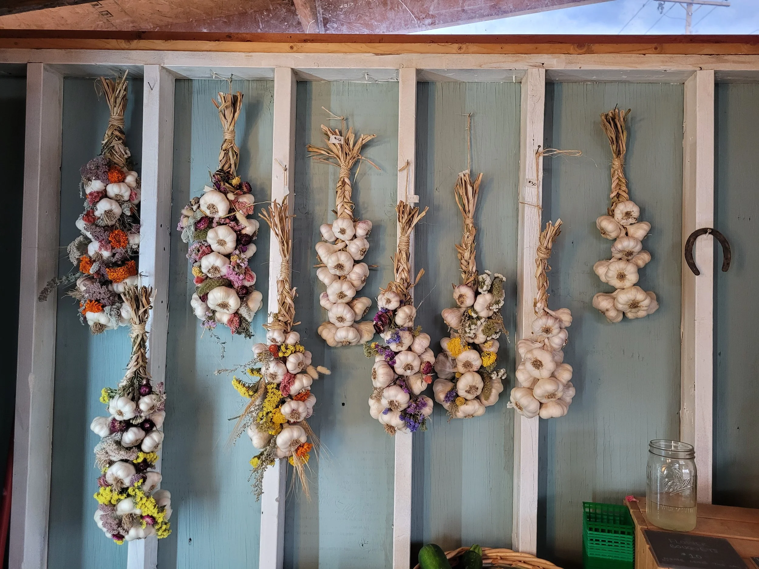 Garlic braids with dried flowers hanging against a studded out wall
