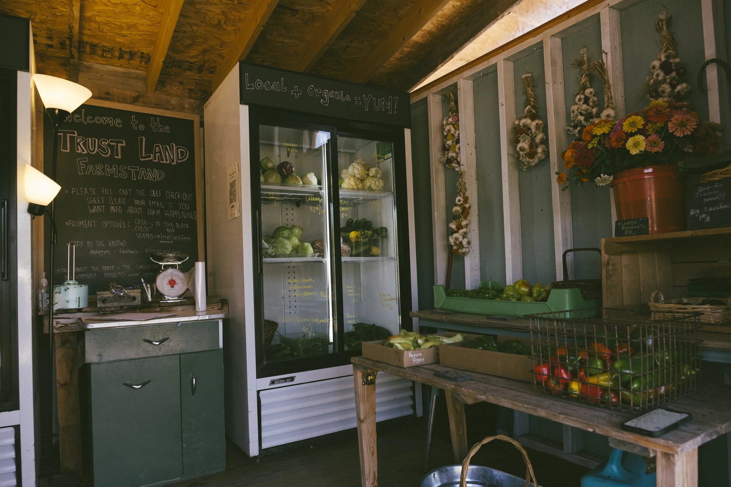 A cooler full of fresh vegetables at the farm stand at Trust Land Farm