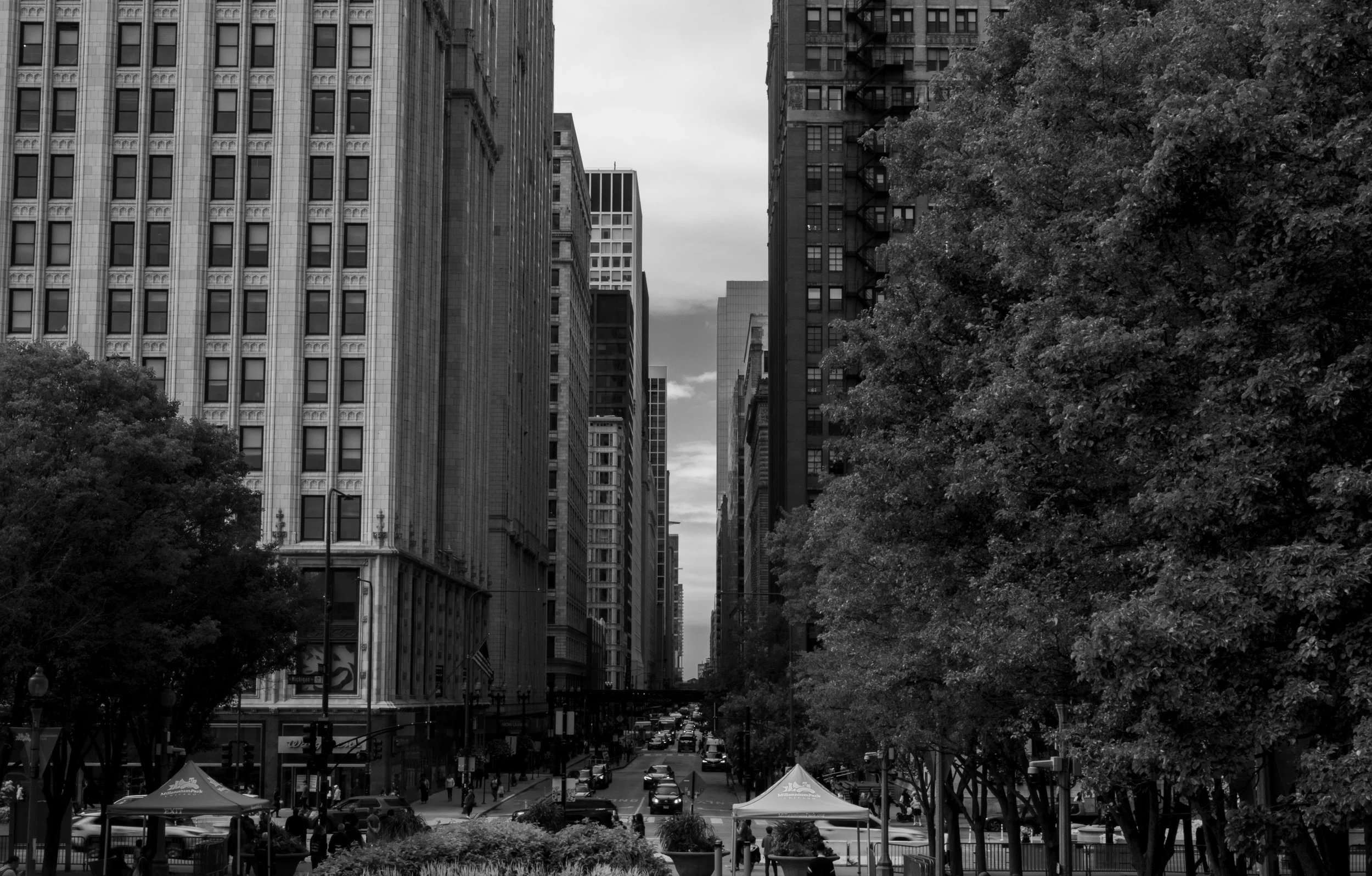 LOOKING INTO CHICAGO FROM MILLENIUM PARK