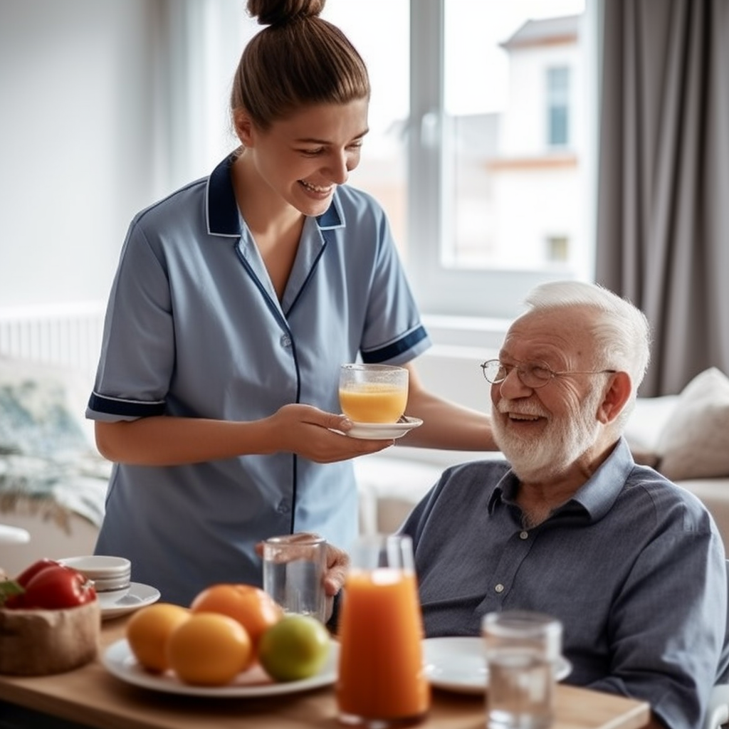 Personal Care - Home Care - Specialized Care - Disability Care - Post Hospital Care - A Rosebuds' caregiver serving orange juice to an elderly man with white hair and glasses, sitting at a table with breakfast foods in a bright room with a window.