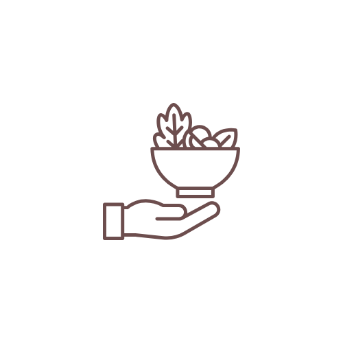 Home Care - Meal Prep - Light housekeeping - Helping with chores - Line drawing of a hand holding a bowl of salad with leafy greens and other vegetables.