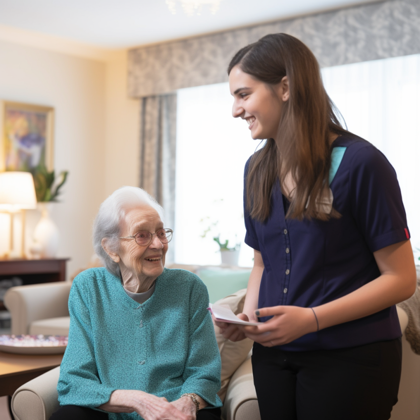 Personal Care - Home Care - Specialized Care - Disability Care - Post Hospital Care - Memory care - Dementia care - Companion  Care - A young female Rosebuds' caregiver smiling and talking to an elderly woman sitting on a sofa in a living room.