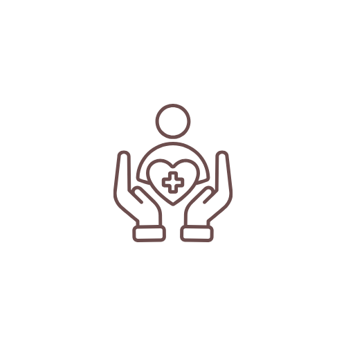 Outline icon of a person surrounded by two hands holding a heart with a medical cross inside.