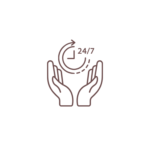 Transitional Care - Respite care - Overnight Care - around the clock care - Live in care - Icon of two hands holding a clock with 24/7 written inside, indicating 24/7 availability or support.