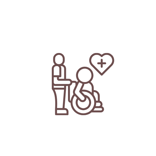 Disability Care - Transitional Care - Specialized Care - Line drawing of a caregiver standing beside a person in a wheelchair with a heart and a medical cross symbol above them.