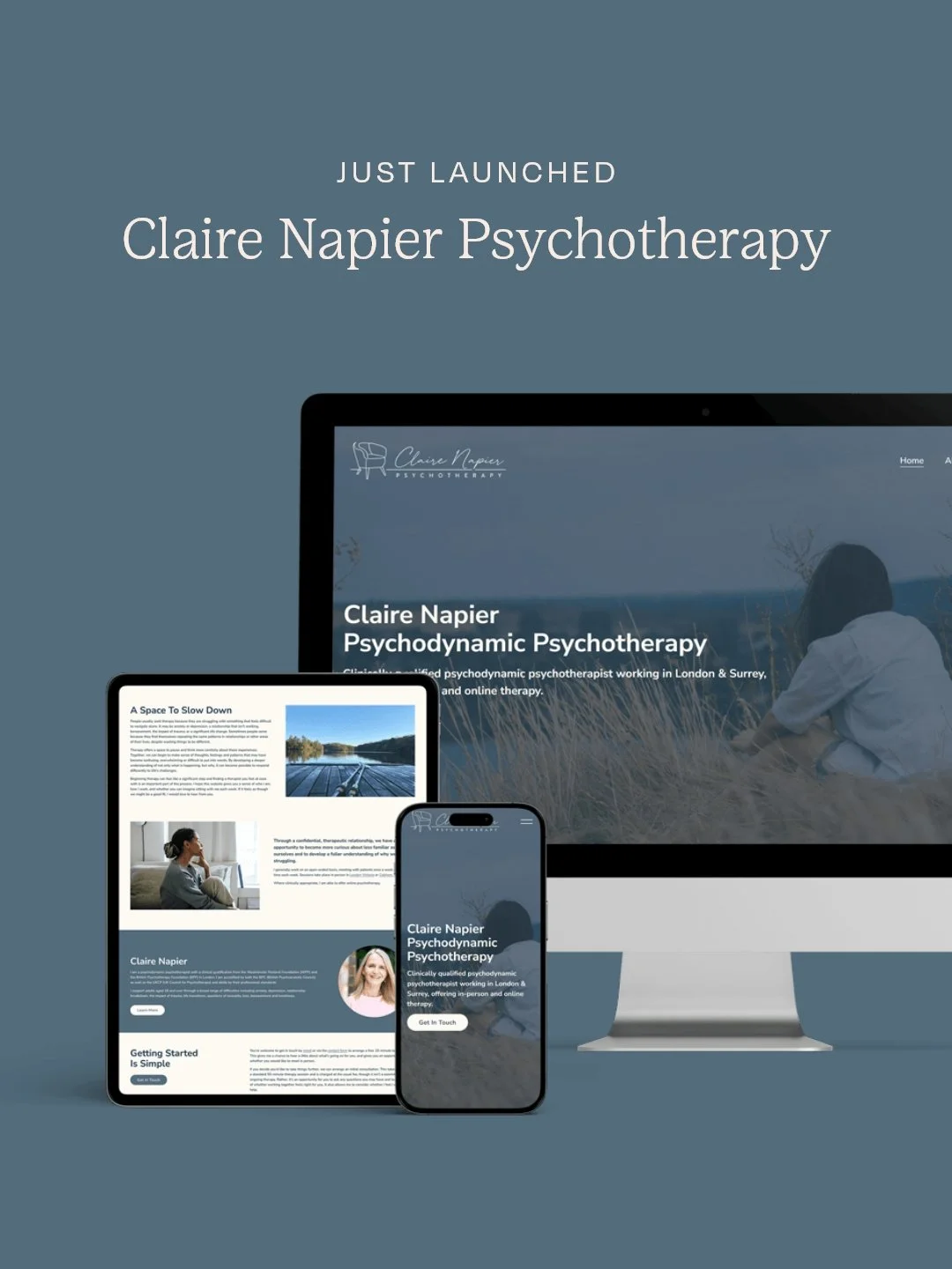 A new website for Claire Napier to sit alongside her therapist/counsellor directory listing. 

Claire is in the early stages of growing her business and wanted a website to share where she's based, her approach, qualifications and allow new clients t