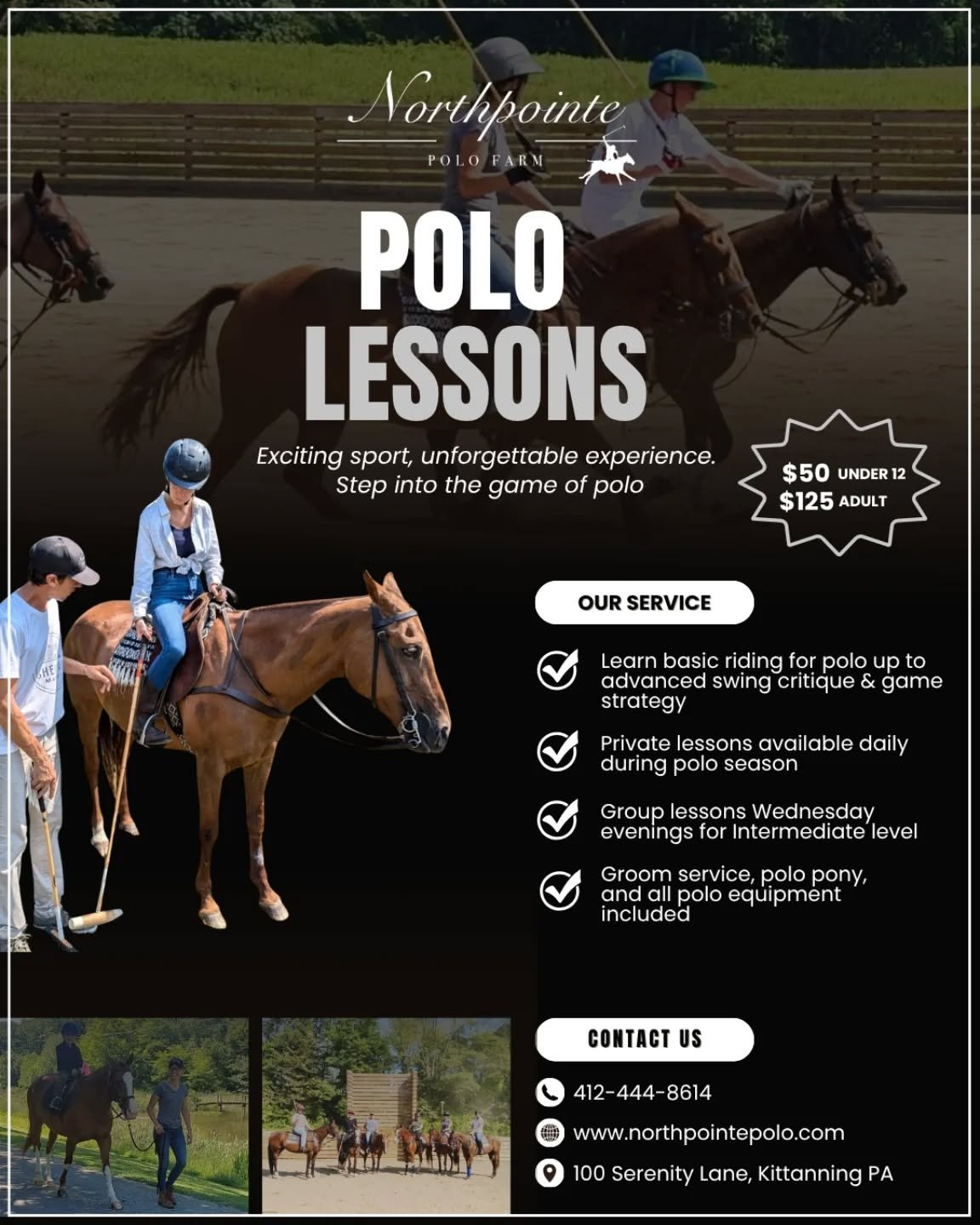 Lessons start this week!
$50 youth under 12
$125 private with Kate 
$125 group lesson with Jero (our 2g pro!)
$150 private with Jero
$85 private with Jero on your own horse

Group lesson every Wednesday evening at 6!
Private lessons Tues, Thurs &amp;