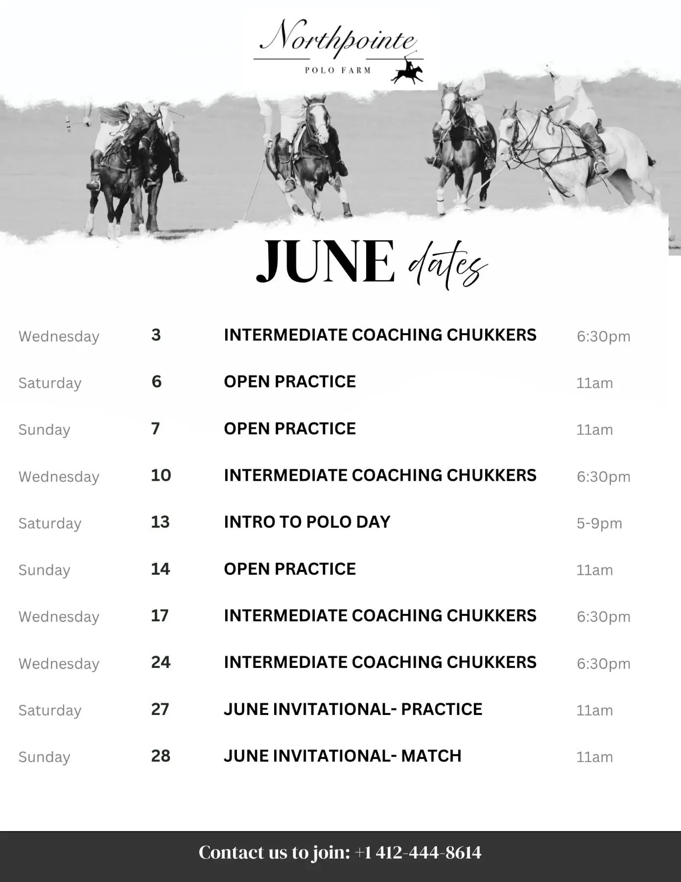 What we're up to this month! 
Want to come watch? June 28 is our first Invitational Match!

Want to learn to play?
2 spots open for Wednesday Coaching Chukkers
1 spot left for Intro to Polo 

Private Lessons Tues, Thurs &amp; Fri by appointment.

Con