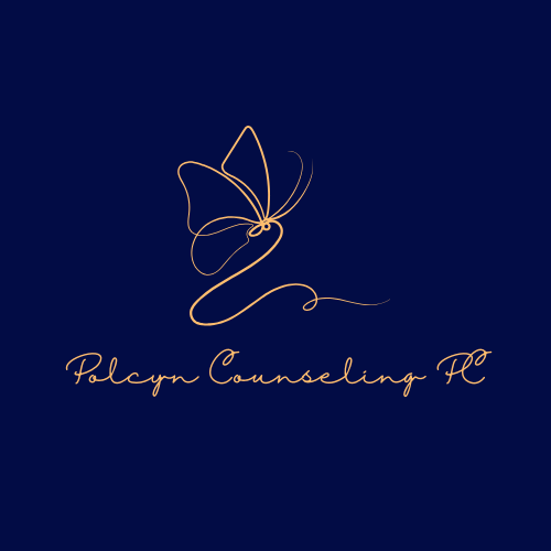 Logo for Polcyn Counseling PC featuring a line drawing of a butterfly with cursive text.