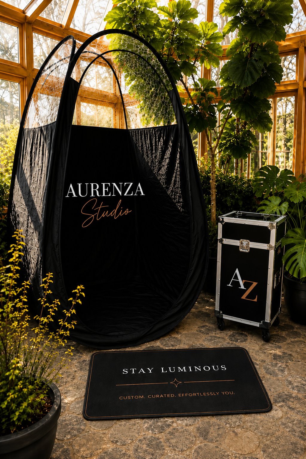 Aurenza Studio mobile spray tanning setup in Dripping Springs, TX garden studio