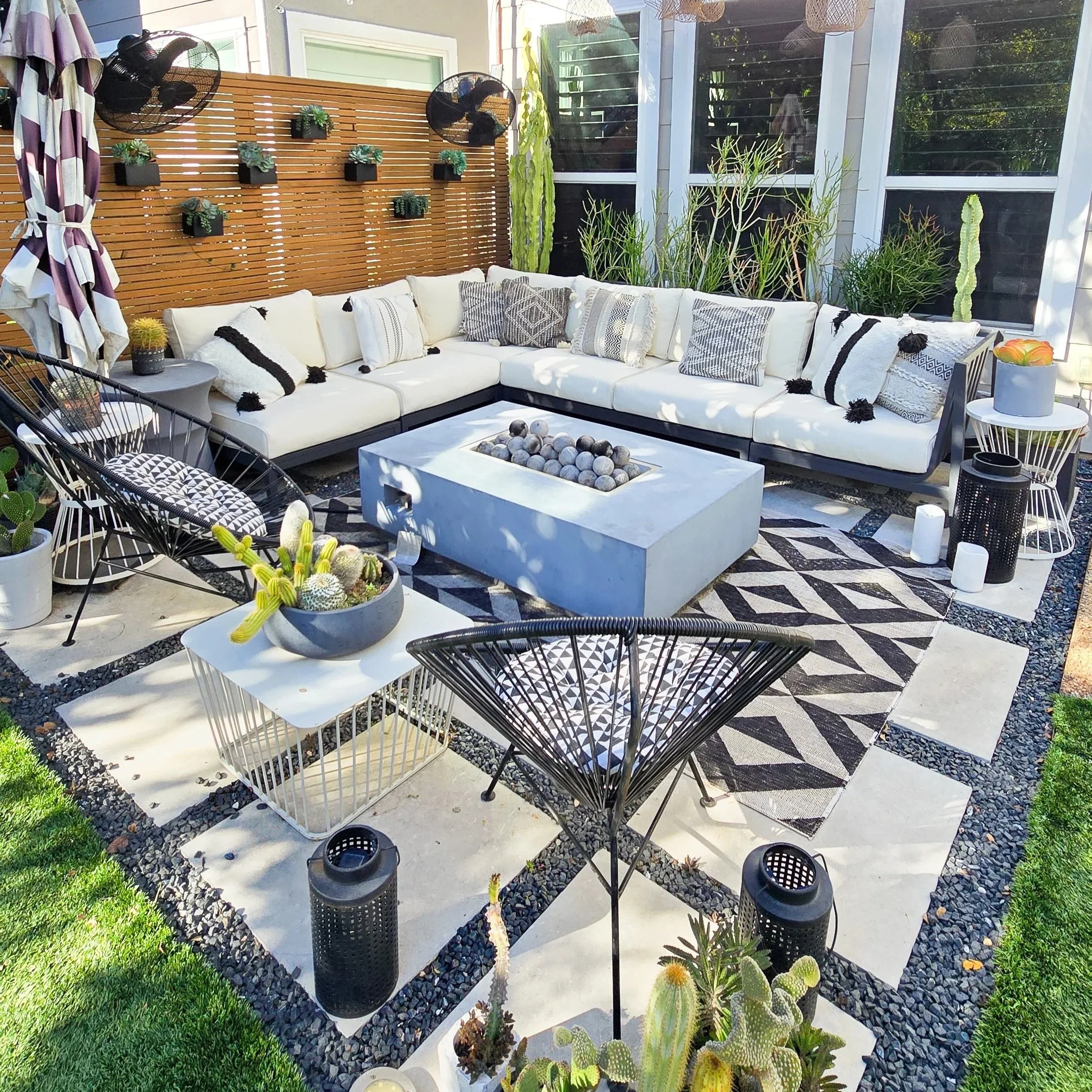 Outdoor patio lounge at Caramel Tan Wellness Studio in Central East Austin where clients can relax or enjoy a drink before appointments.