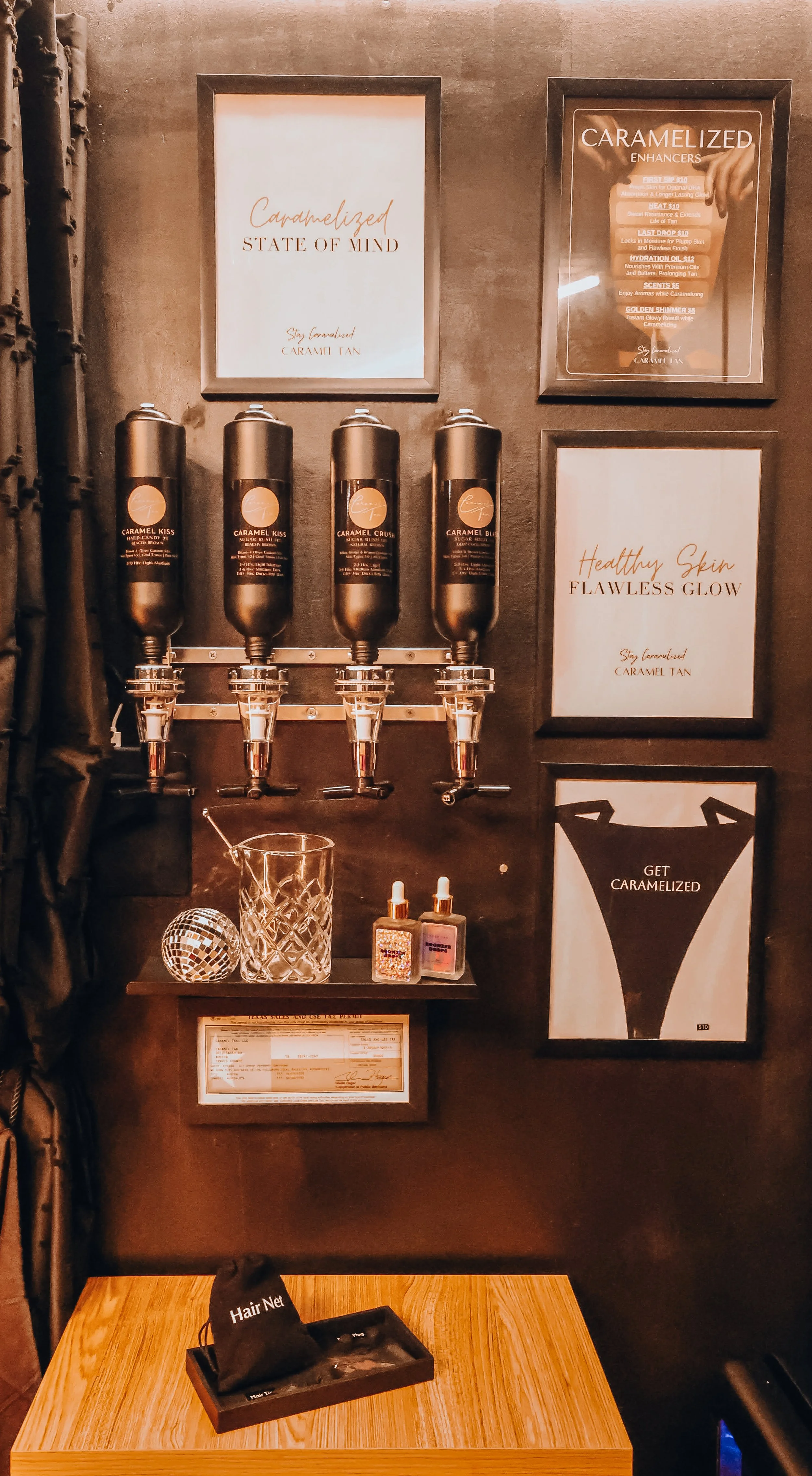 Custom solution-blending station at Caramel Tan Wellness Studio where personalized Caramelized spray tan formulas are mixed.