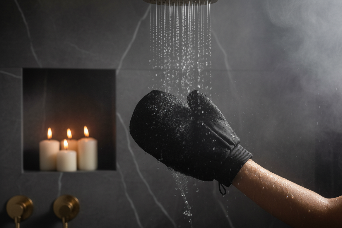 Woman using Caramelized Strip exfoliating mitt before spray tan.png