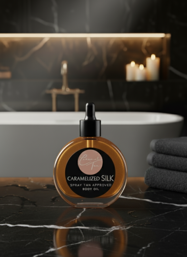 Woman applying Caramelized Silk body oil after spray tan Austin