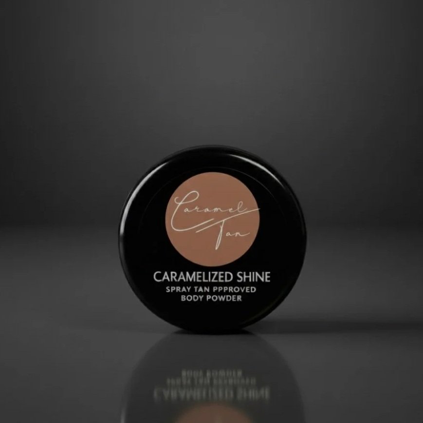 Caramelized Shine spray tan-safe finishing body powder by Caramel Tan Austin