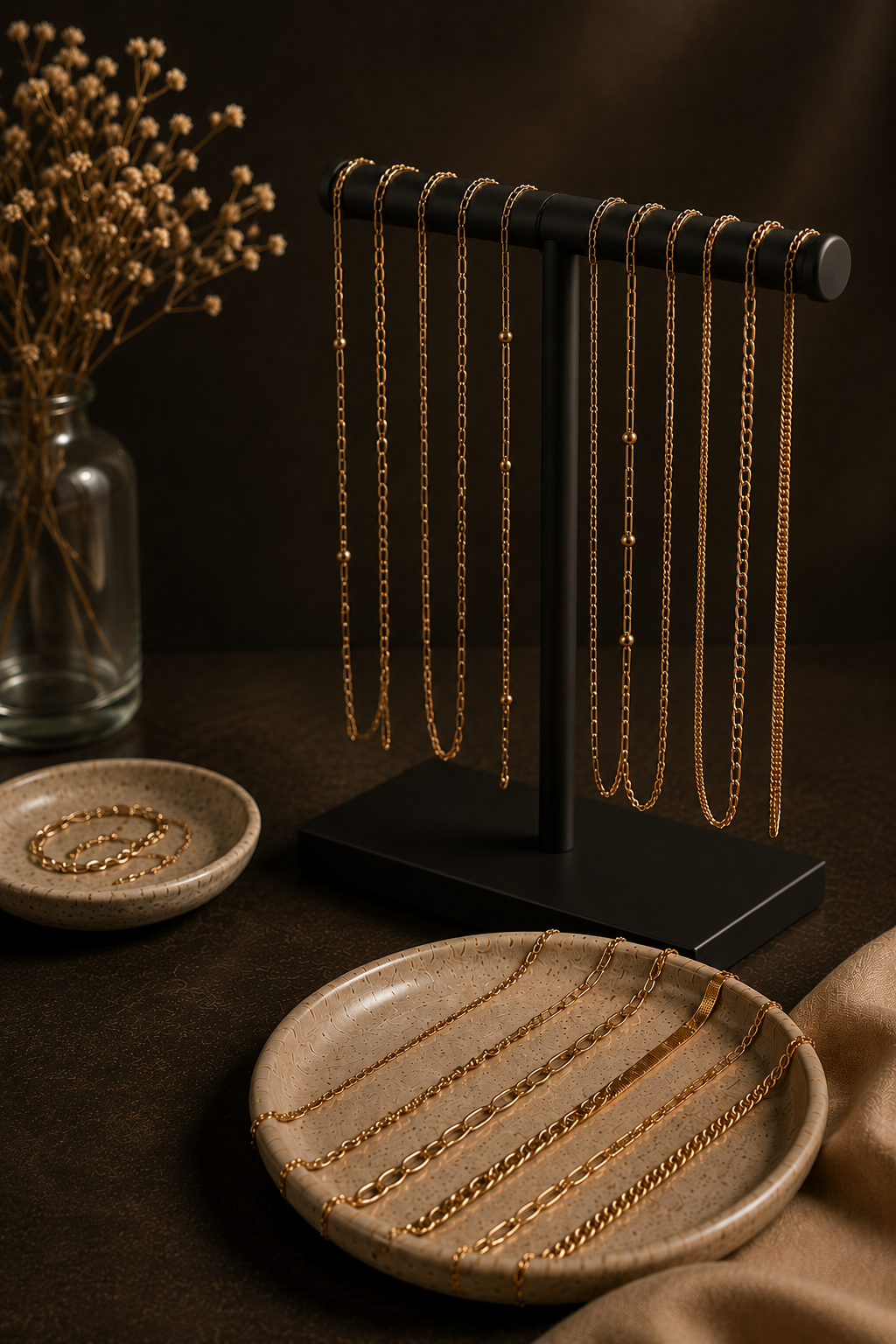 Permanent jewelry at Aurenza Studio in Austin, Texas, featuring custom-fit gold chains for bracelets, necklaces, anklets, and luxury accessories.