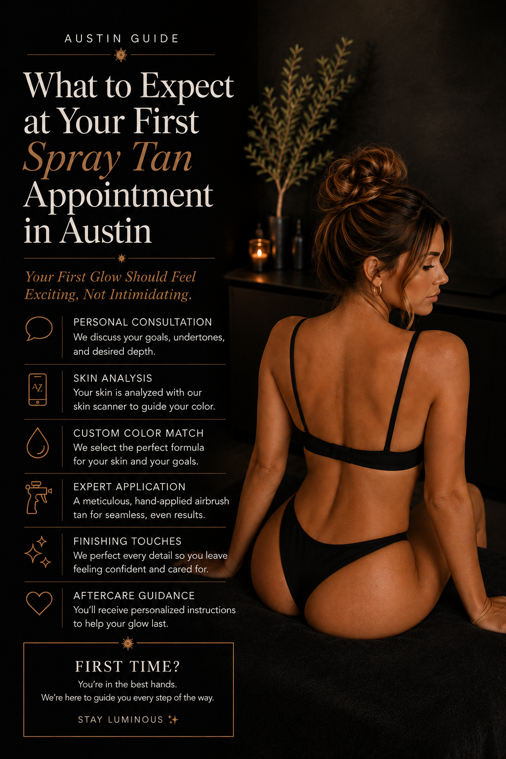 First spray tan appointment guide in Austin explaining consultation, skin analysis, custom color matching, airbrush application, finishing touches, and aftercare.
