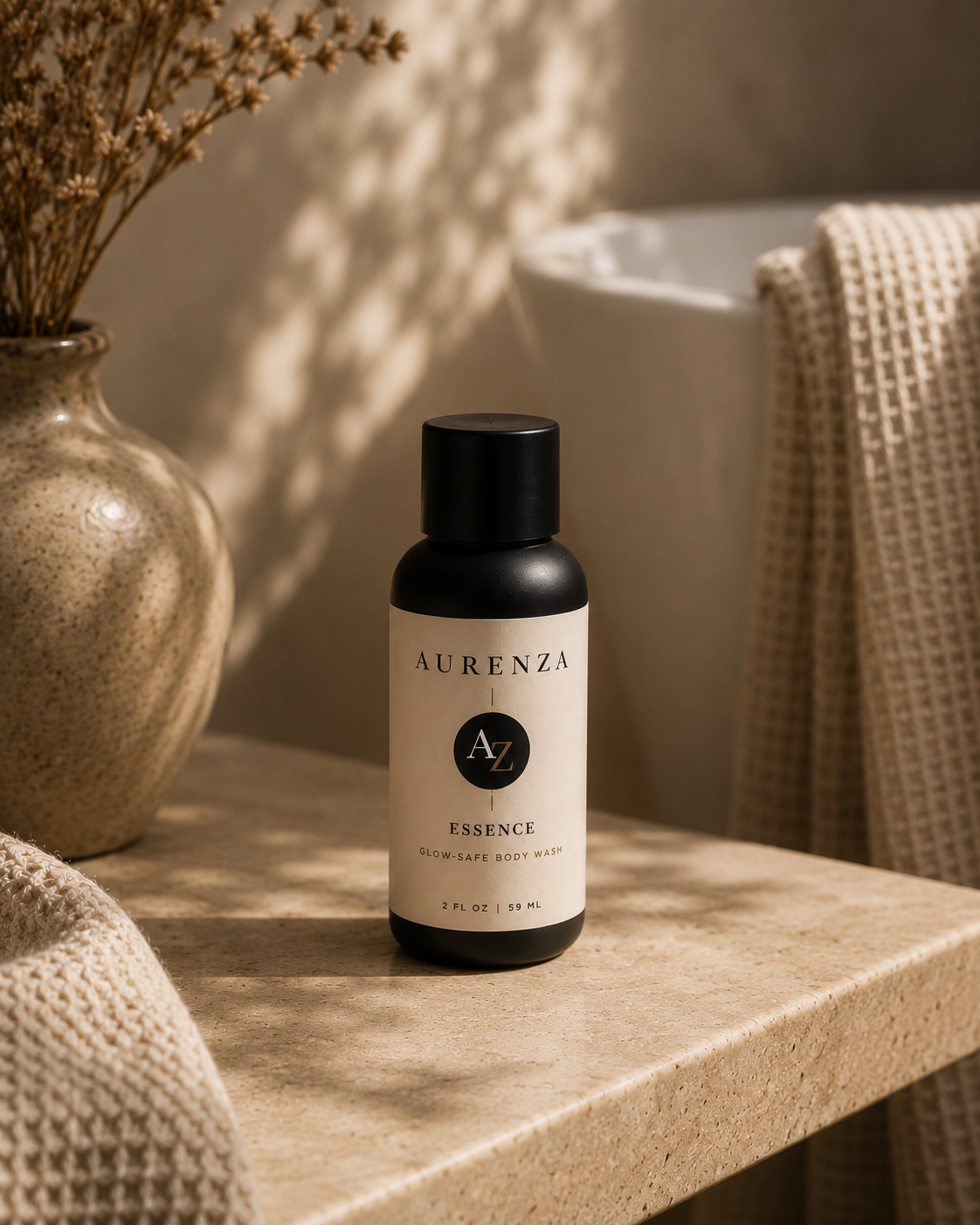 Aurenza Essence travel size luxury spray tan safe body cleanser displayed with clean skincare essentials.