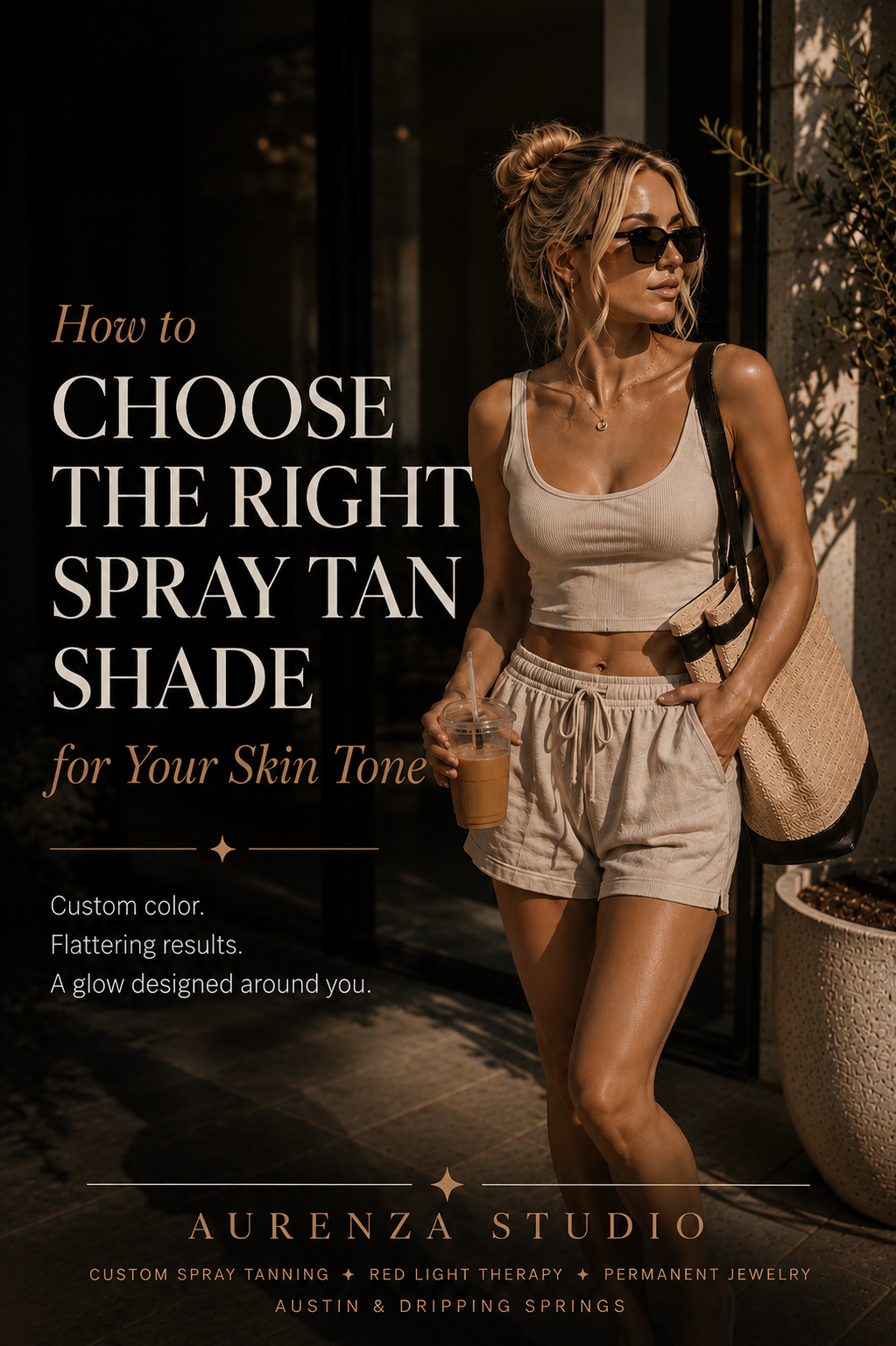 Blonde woman with a natural custom spray tan for Aurenza Studio’s guide to choosing the right spray tan shade for your skin tone in Austin.