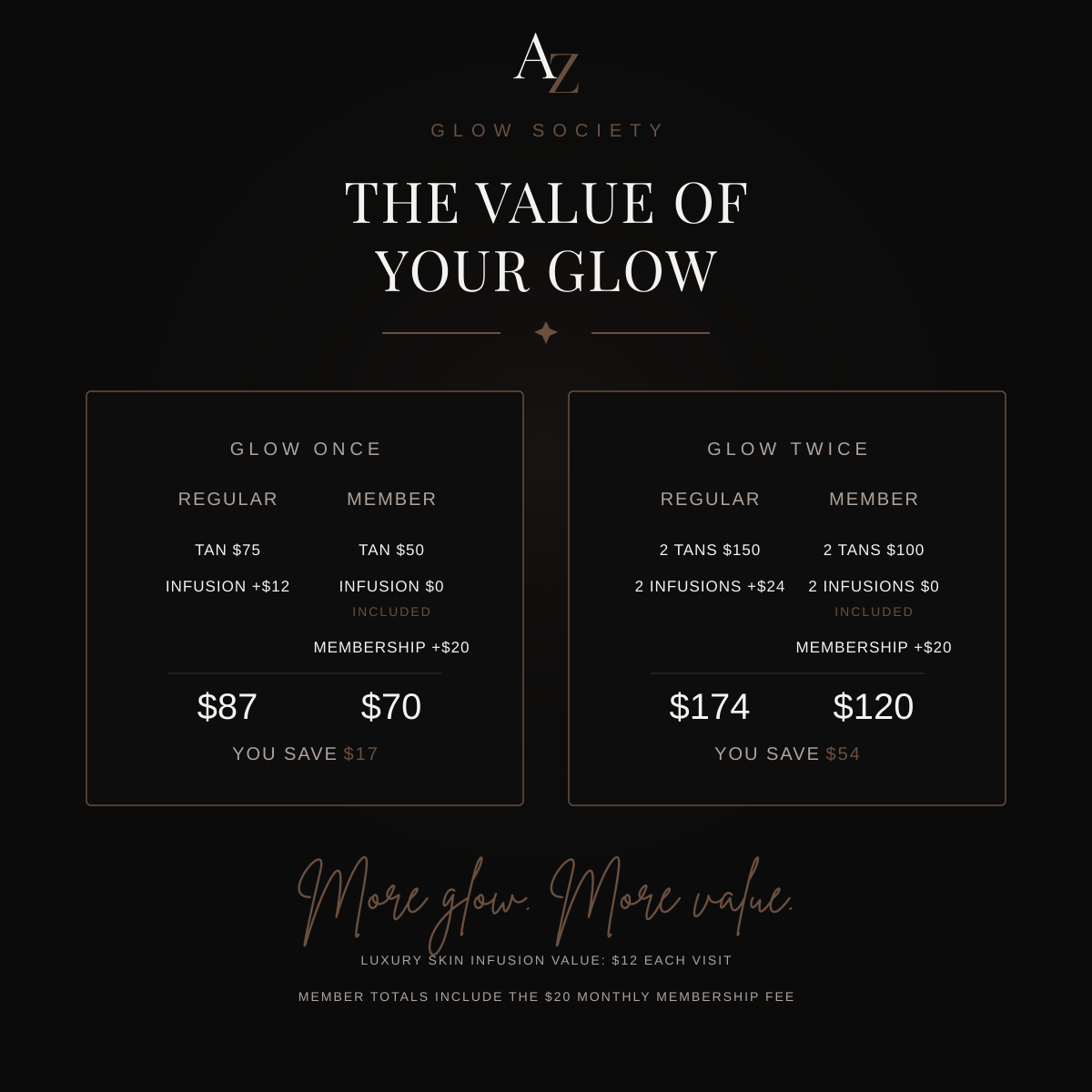 Aurenza Studio Glow Society membership for luxury custom spray tanning in Austin and Dripping Springs, Texas.