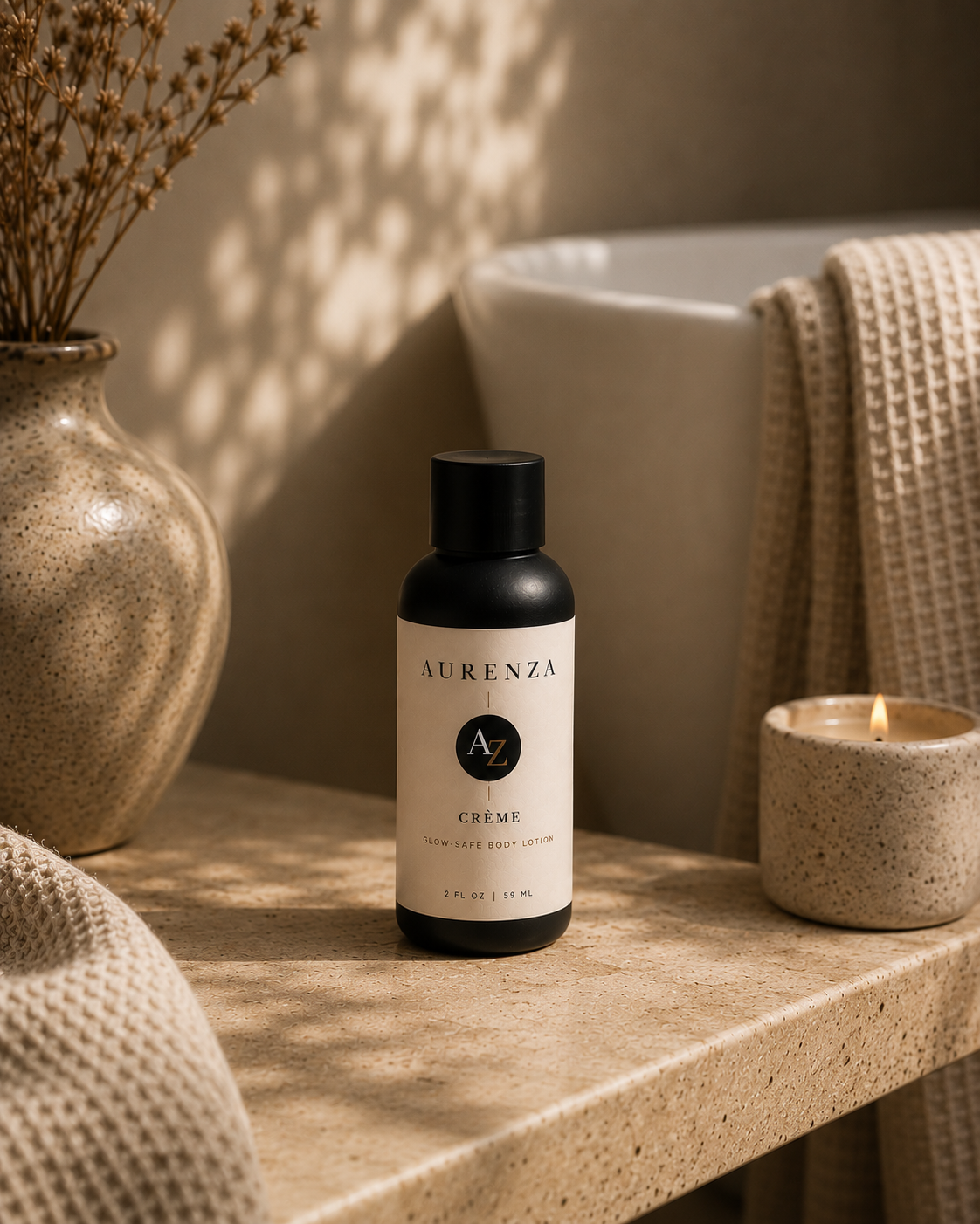 Aurenza Crème travel size hydrating body lotion designed for daily glow maintenance and spray tan aftercare.