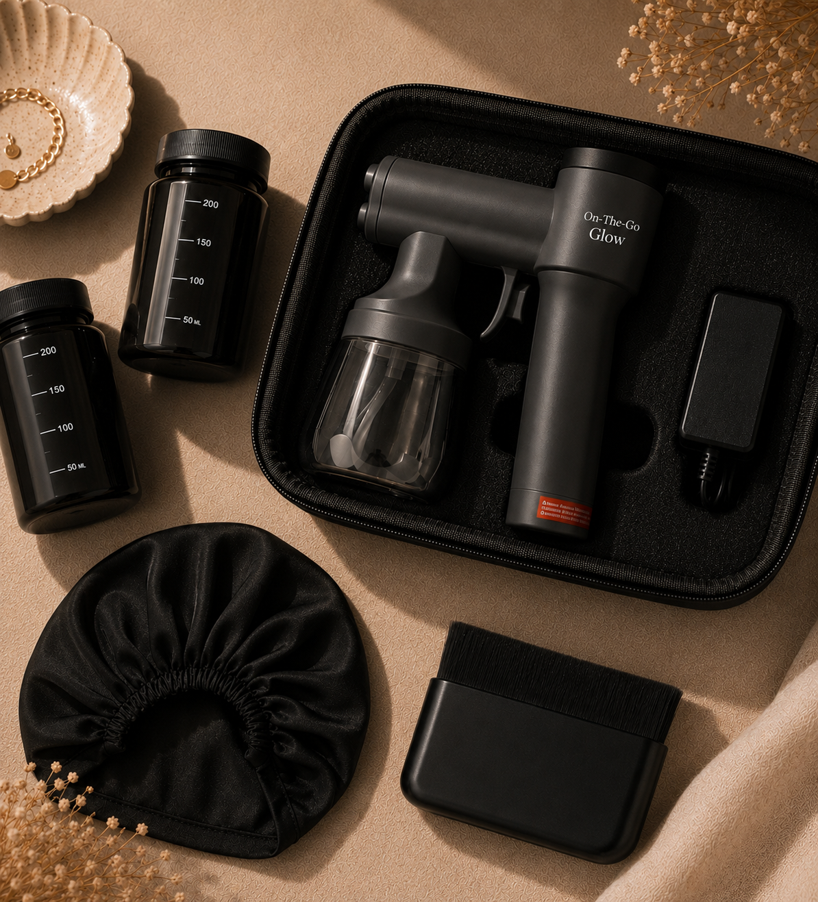 Professional spray tan rental kit from Aurenza Studio in Austin, Texas, featuring premium spray tanning equipment for mobile events, parties, and self-application.