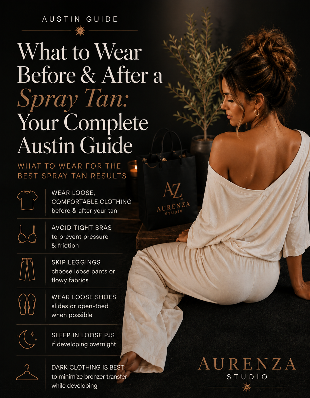 Austin spray tan guide showing what to wear before and after a spray tan, including loose clothing, open shoes, and comfortable pajamas.