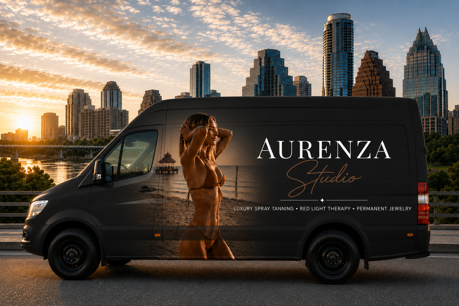 Mobile luxury spray tanning service by Aurenza Studio in Austin and Dripping Springs, Texas, providing personalized custom airbrush spray tans in the comfort of your home, hotel, or event location.