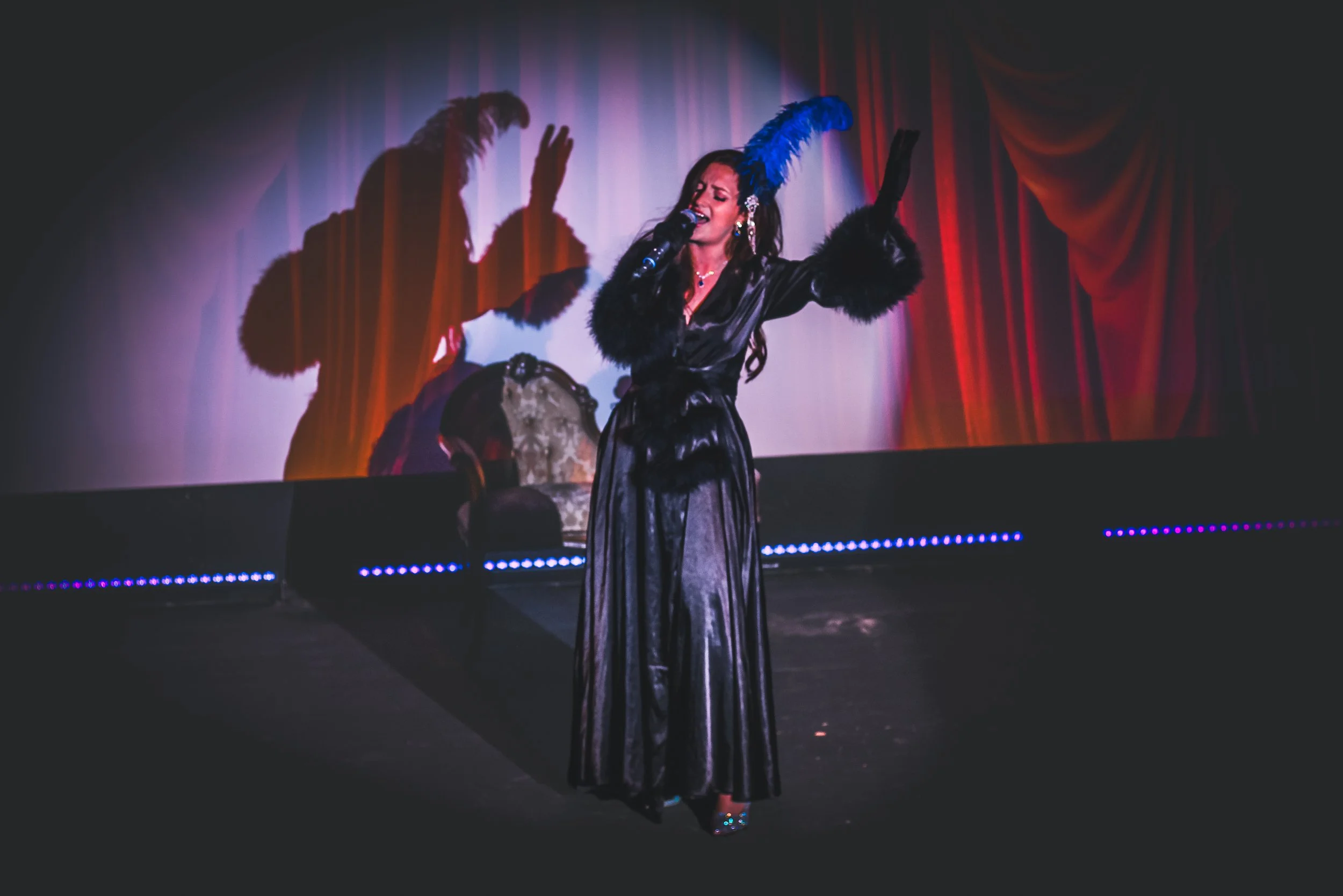 A woman dressed in a black gown with fur accents performs on a stage, singing into a microphone while wearing a blue feathered headpiece. Her shadow is projected onto a pink curtain backdrop.