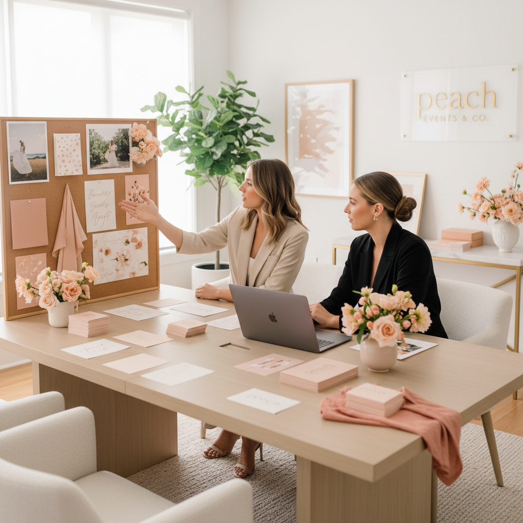 Two women are sitting at a table in a bright, modern office decorated with pink flowers and framed art, discussing wedding plans with a corkboard displaying photos and fabric samples.