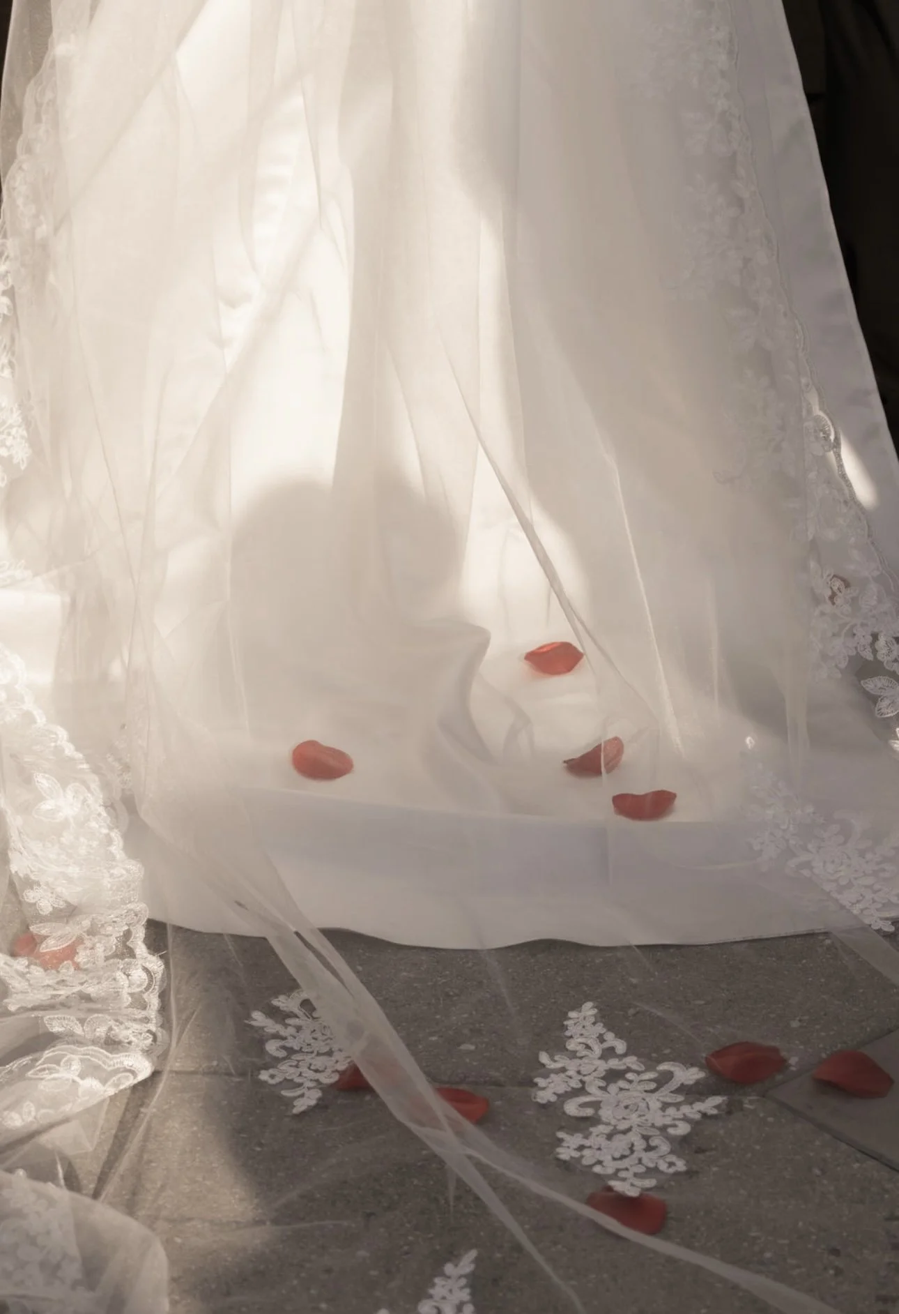 A close-up of a wedding dress with a lace train, scattered with red rose petals on a tiled floor.