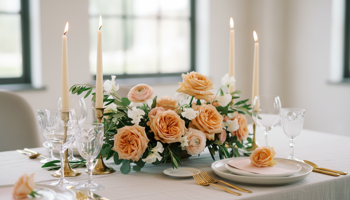 Elegant table setting with a floral centerpiece of peach roses and white flowers, gold cutlery, wine glasses, candle holders with lit candles, and place settings with plates, napkins, and a peach rose on top.