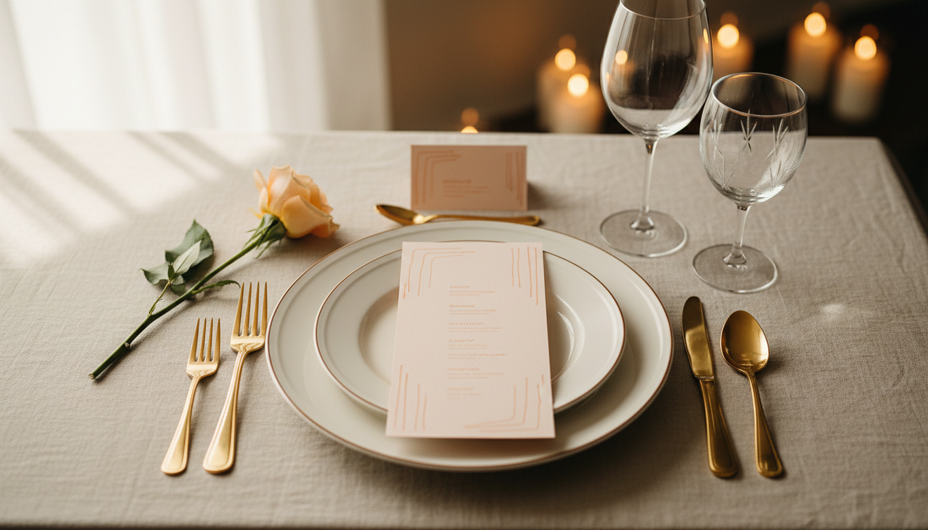 Elegant dining table set with gold cutlery, white plates, a pink rose, a menu, a drinking glass, a wine glass, a water glass, and candles in the background.