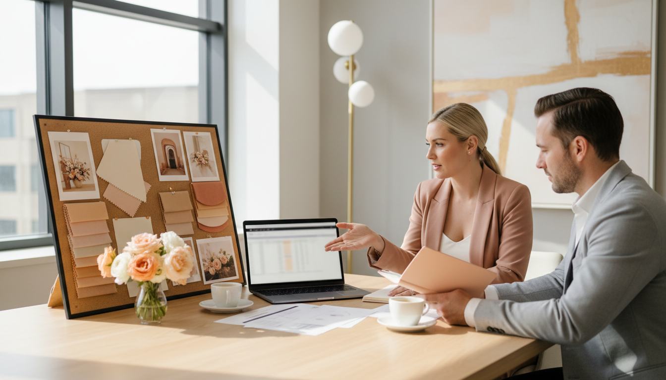 Two professionals, a woman and a man, having a discussion at a table with a mood board and fabric samples for interior design.