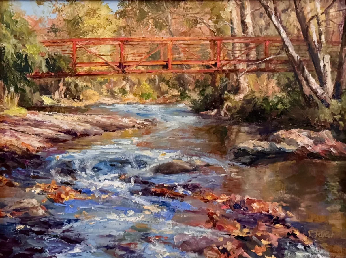 Painting of a bridge across a stream.