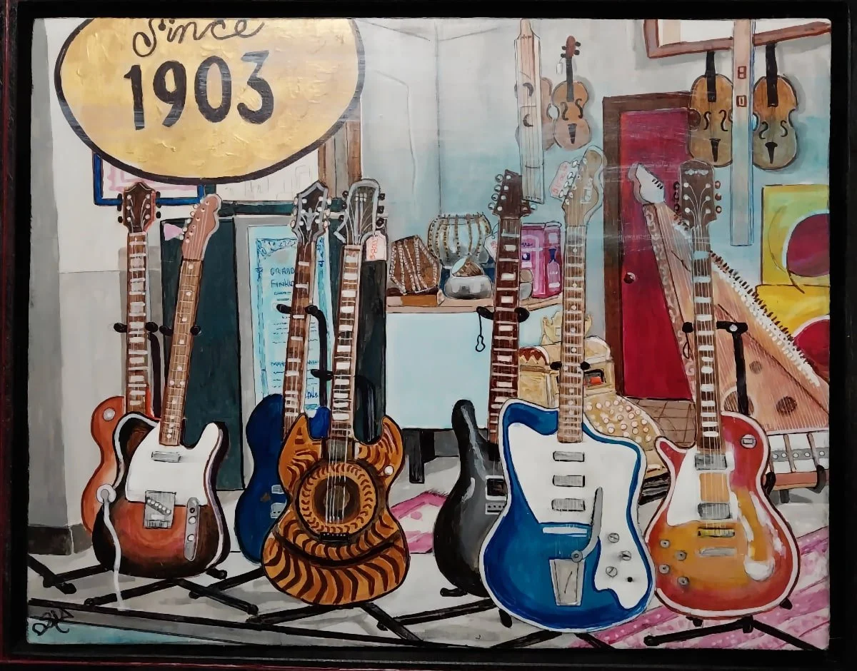 Painting of a music store window with multiple guitars
