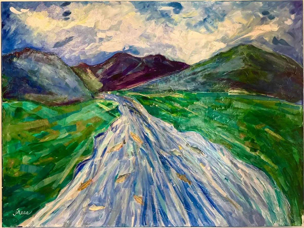 Acrylic and Tissue Paper. A large painting of a trout stream in Rocky Mountain National Park.