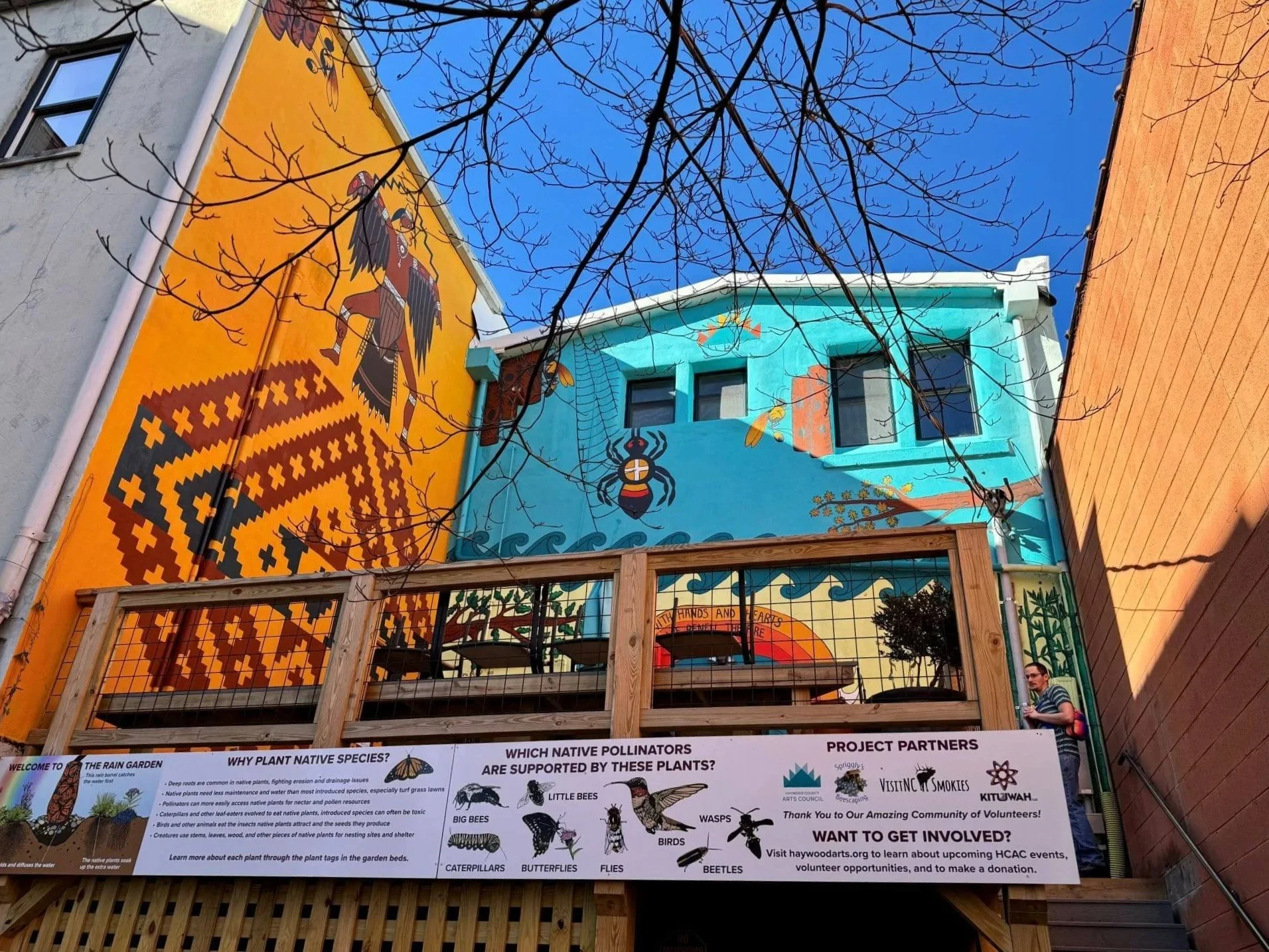 A colorful mural on a building features indigenous-style art, insects like bees, wasps, and butterflies, and text about native plants, pollinators, and community involvement. There are leafless tree branches in the foreground and a person standing near the building with a striped shirt and a pink backpack.