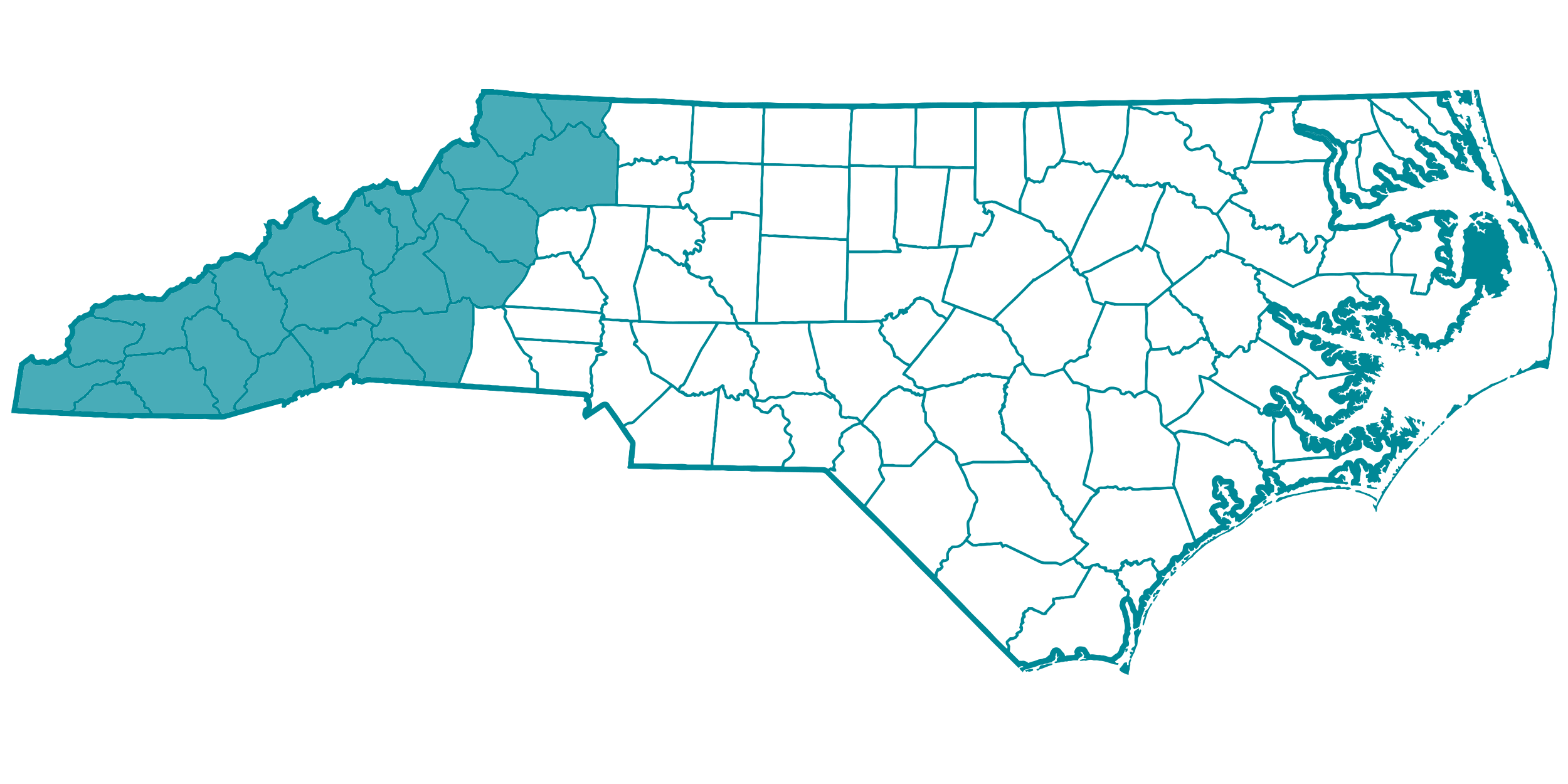 Map of North Carolina showing a highlighted region in light blue.