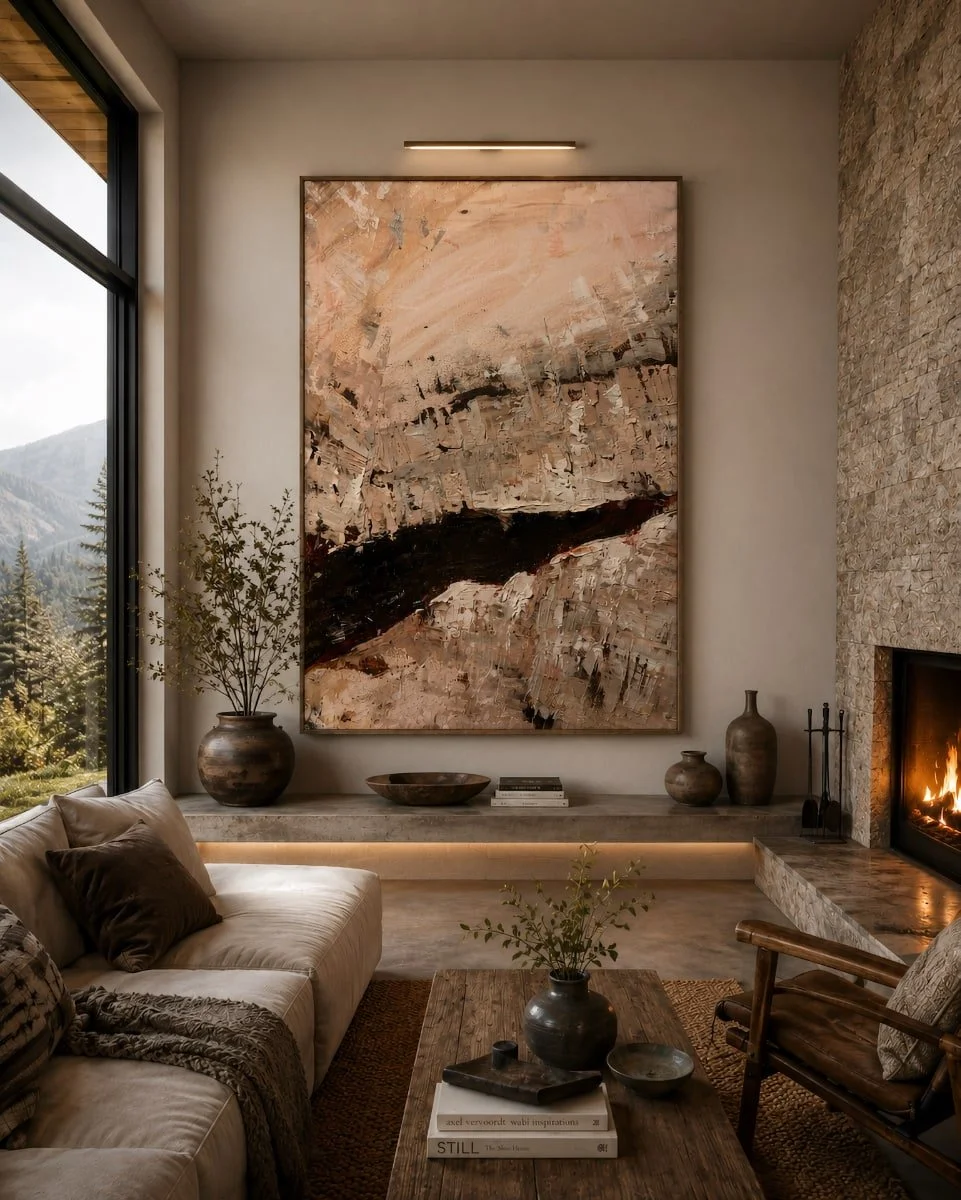 Painting of rock wall at Zion National Park, artwork shown installed in living room