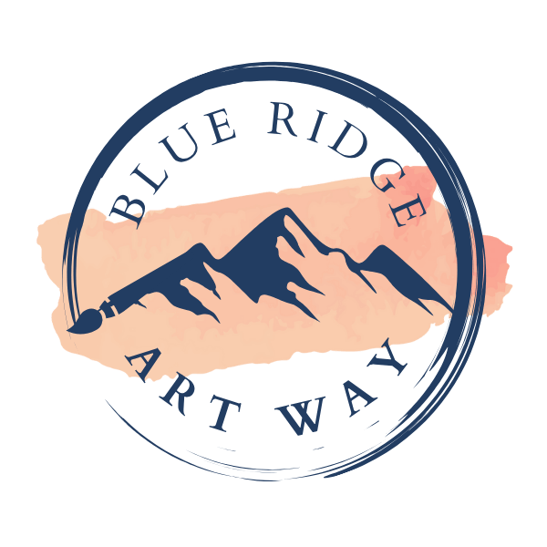 A logo with a mountain range and a pen integrated into the mountains, surrounded by text that reads "Blue Ridge Art Way" on a circular border.