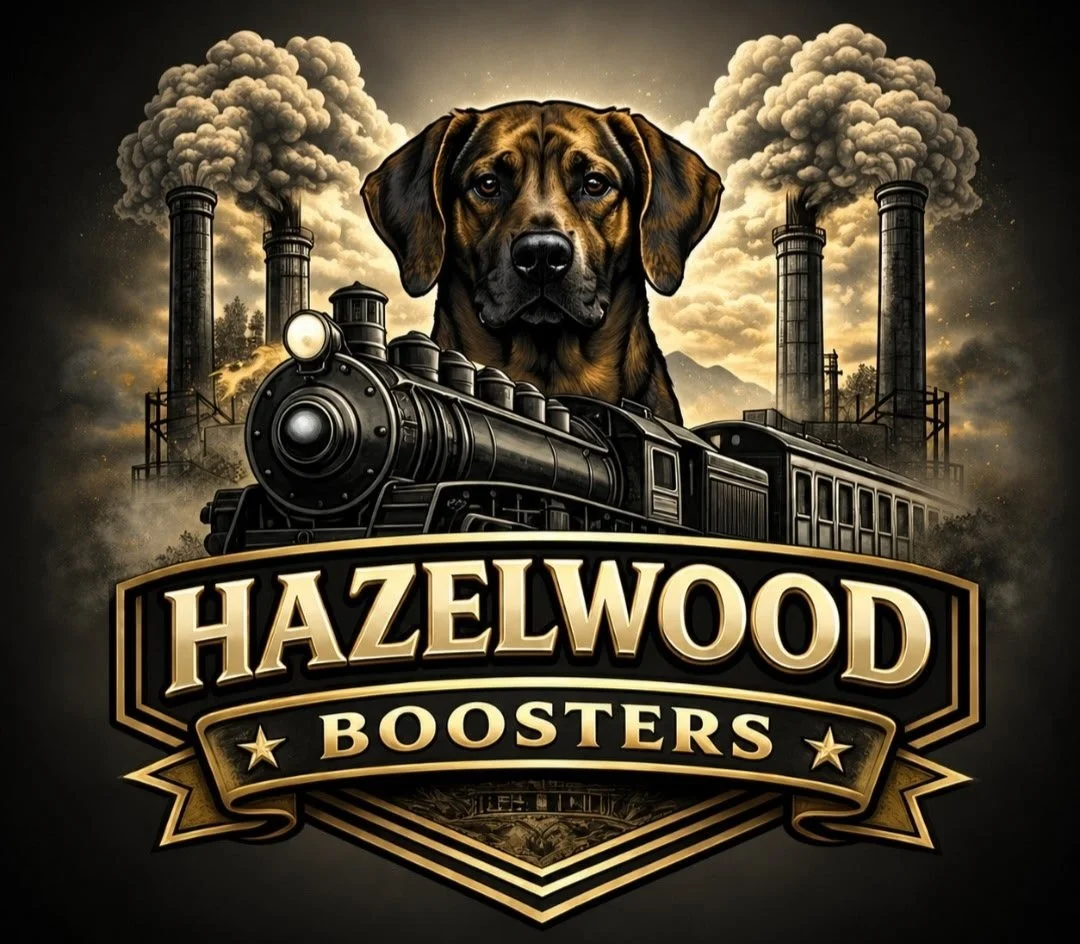 A digital illustration of a train with a dog's head in place of the human face, set against an industrial background with smokestacks. The train is in front of a banner that reads 'Hazelwood Boosters' in bold, gold-lettered text.