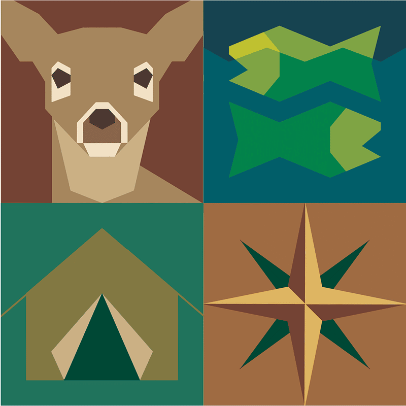 Four quadrants featuring a bear's face, two overlapping green camouflaged stars, a camping tent, and a four-pointed compass rose.