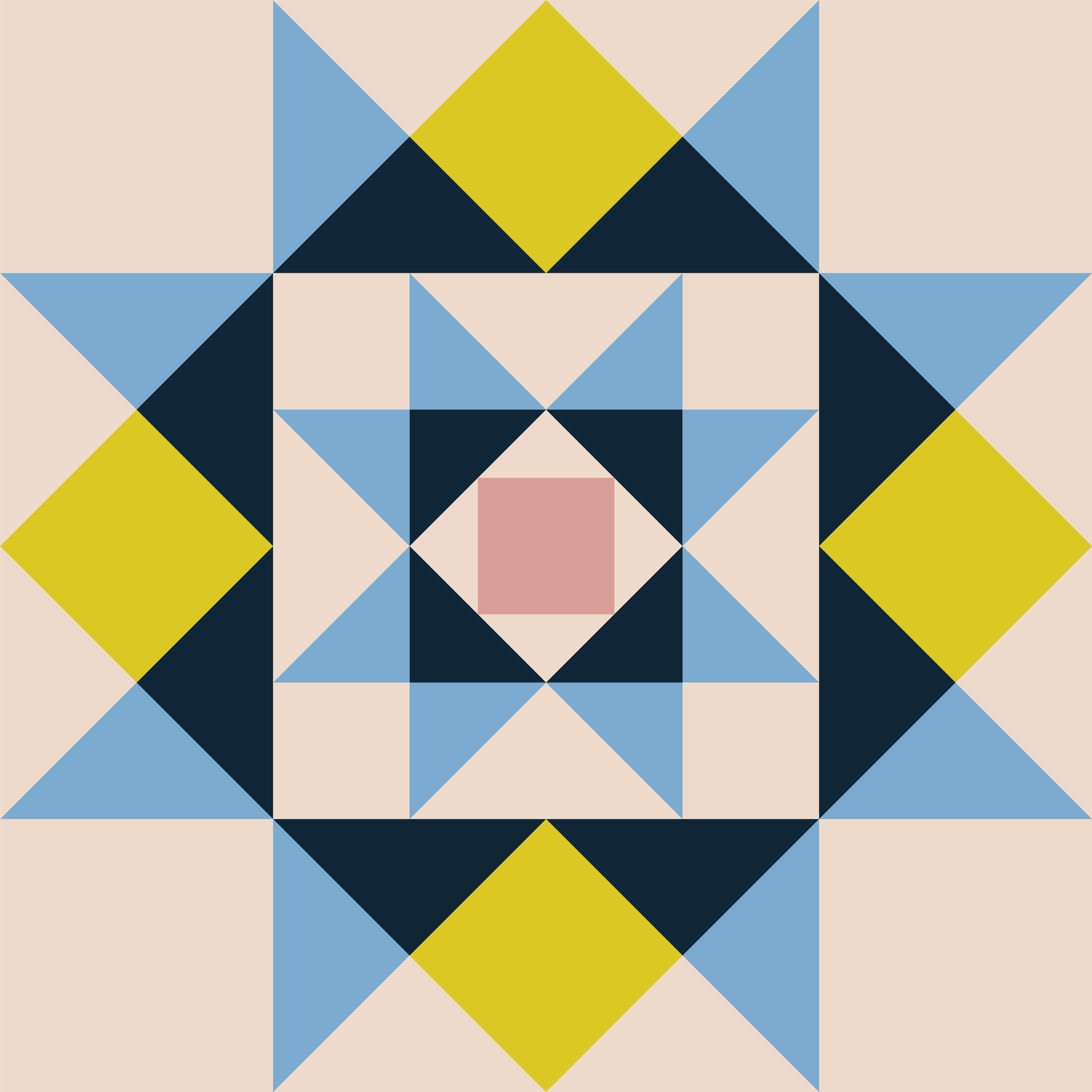 A geometric abstract art pattern featuring triangles, diamonds, and squares in colors blue, yellow, black, pink, and beige.