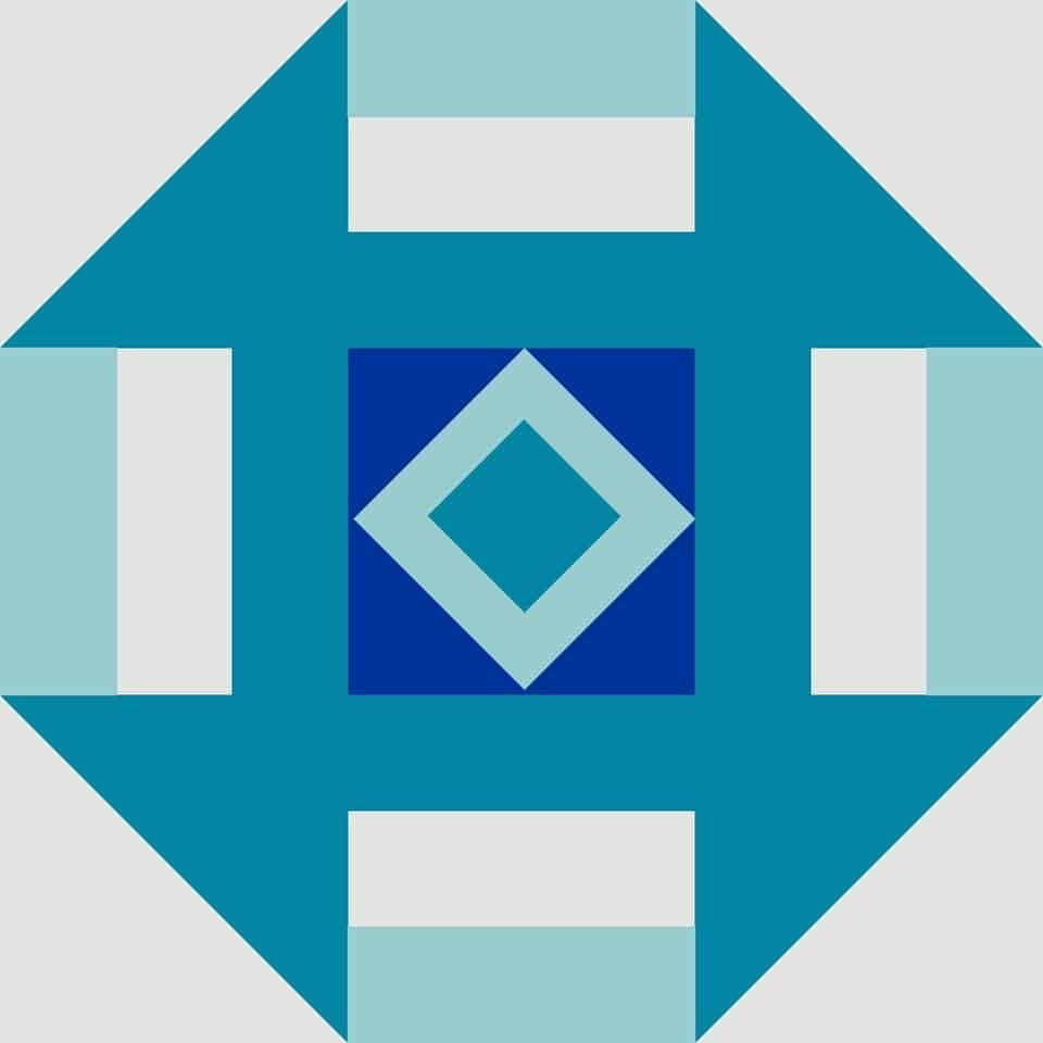 Geometric abstract pattern with squares and triangles in shades of blue and gray.