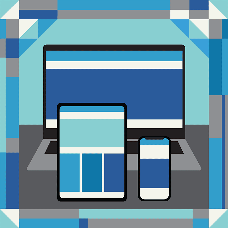 Digital illustration of a desktop, tablet, and smartphone displaying the same website or app interface in shades of blue, gray, and white.
